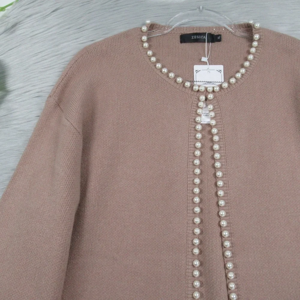 Pearl Trim Cardigan Open Hook-Front Ribbed Knit Long Sleeve Women’s Size XL